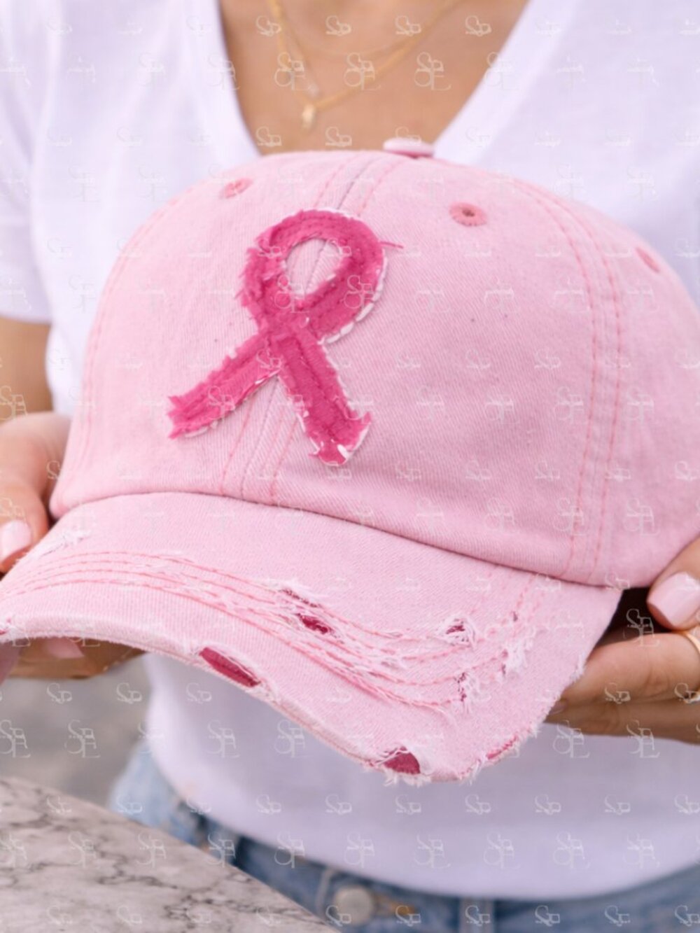 Pink Ribbon Distressed Awareness Cap | Casual Support Hat - Picture 4 of 4
